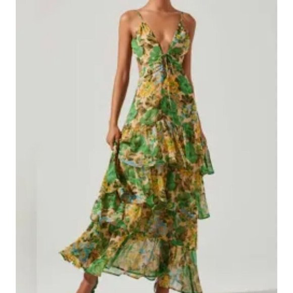 Astr Dresses & Skirts - Astr Dress Aneira Green Yellow Blue Floral Tiered Ruffled Women's XL Maxi Dress